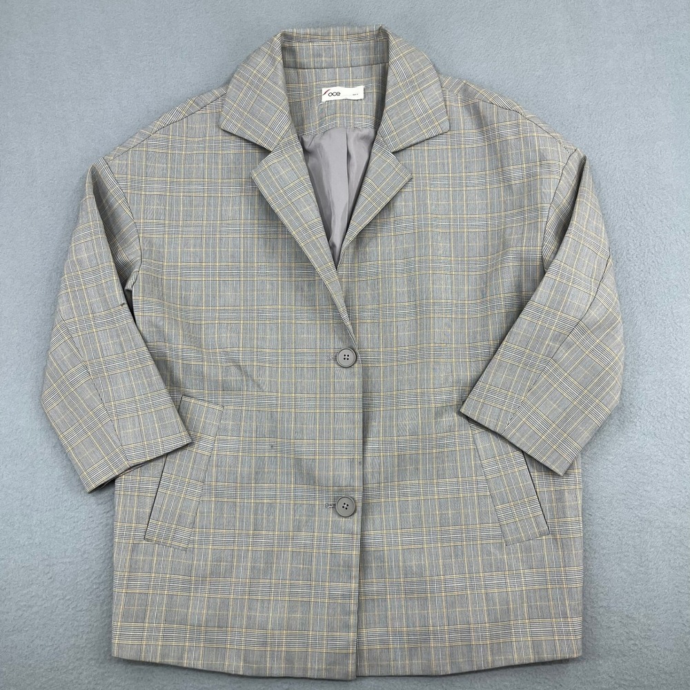 OCE Womens Grey Plaid Oversized Blazer Jacket Size S Notched Lapel